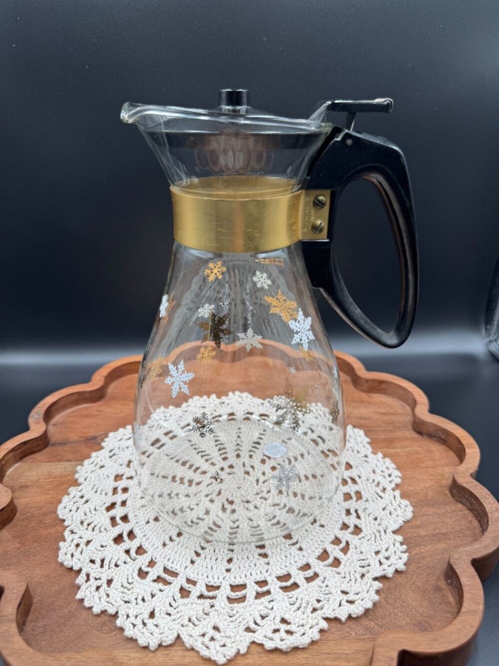 Vintage Pyrex Gold Snowflake Coffee Carafe MCM